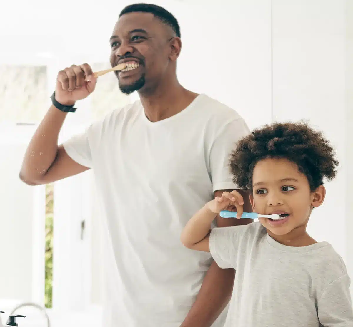 brushing-teeth father and son brushing teeth